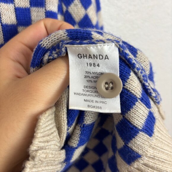 Ghanda Womens Blue & Cream Checkered Button Front Knit Cardigan Sweater Size S - Picture 6 of 10